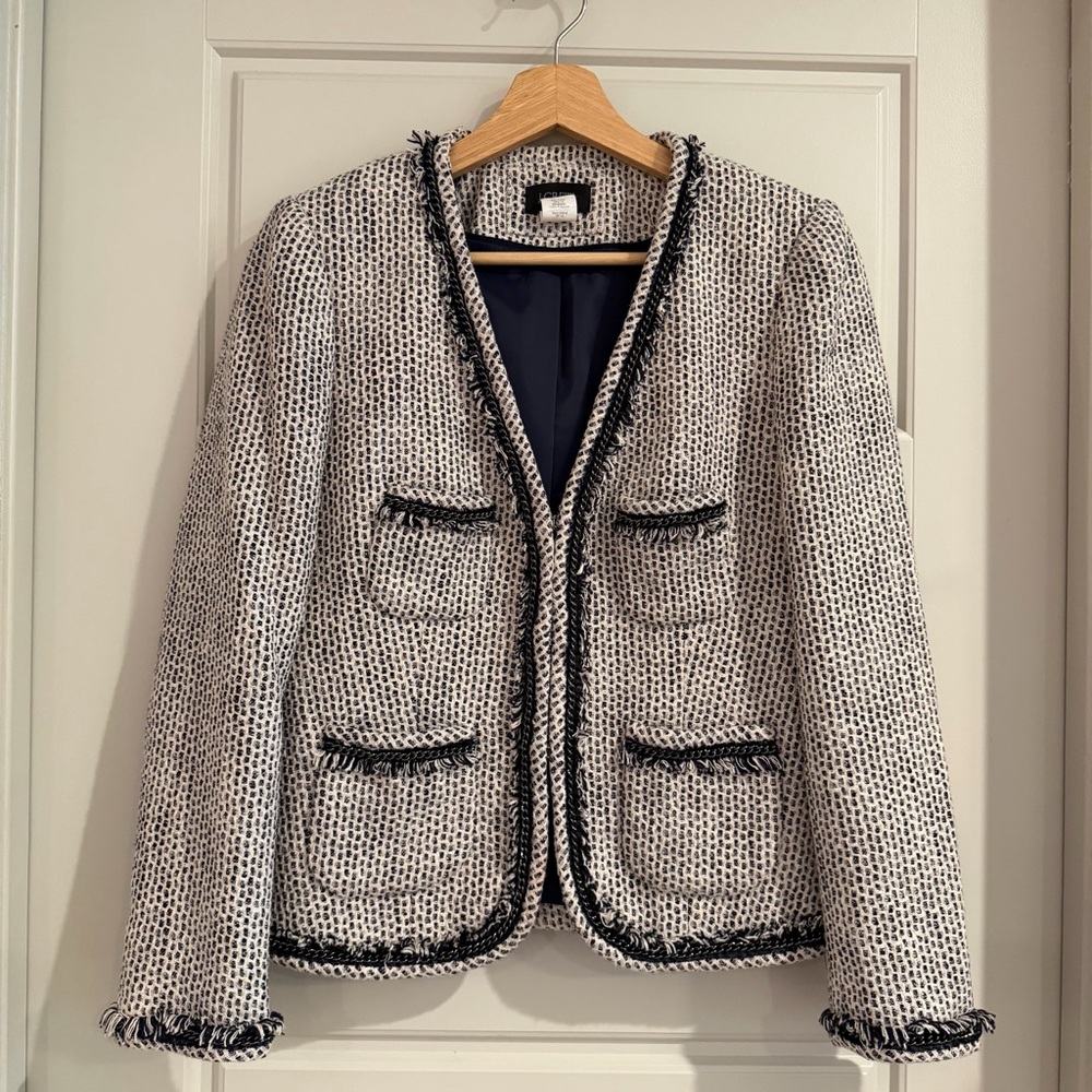 J. Crew Women's Terrazzo Tweed Navy Cream Jacket‎ Blazer Size 4